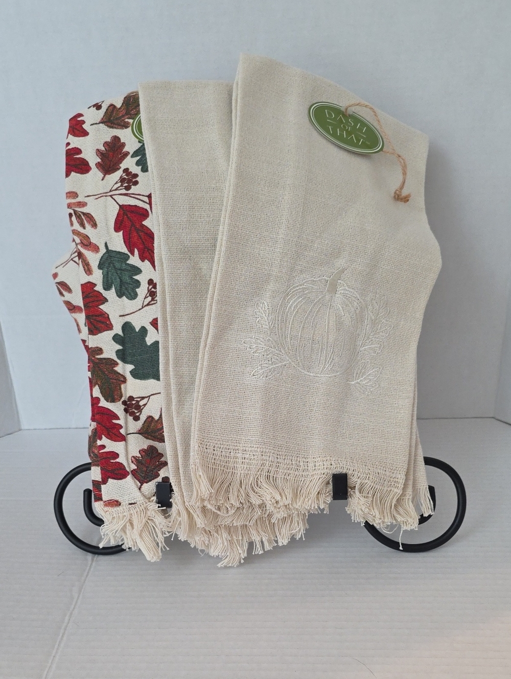 Dash of That NWT Cream Embroidered Pumpkin Fall Leaves Cotton Kitchen Towel Set